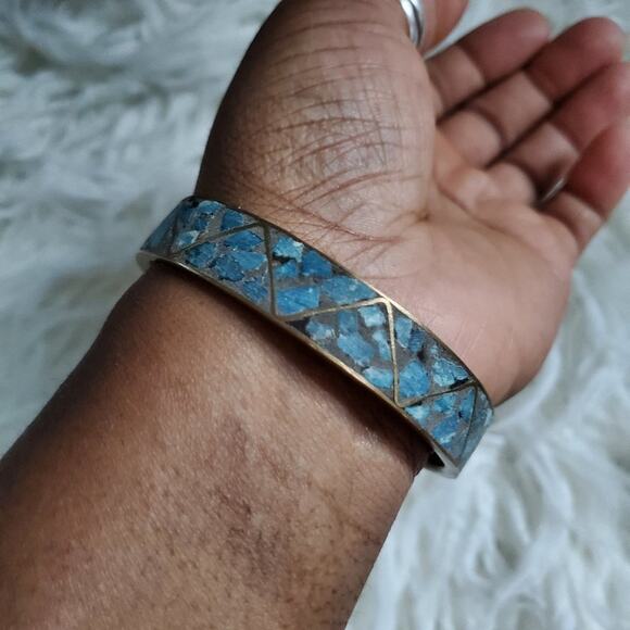 Vintage Brass Inlay Turquoise Chip Bangle Bracelet - Picture 5 of 8